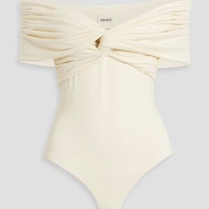 Khaite Cream Cerise Off Shoulder Twisted Cotton Blend Jersey Bodysuit, $780